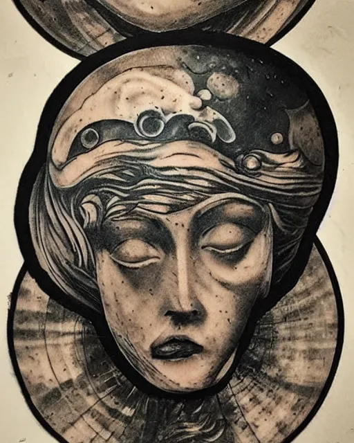 Prompt: planets on the top of a broken renaissance head statue, realism tattoo design, in the style of matt jordan