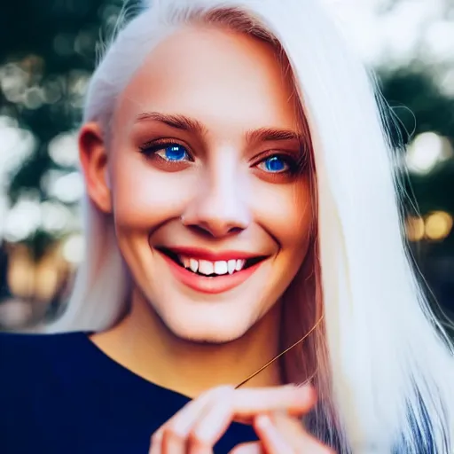 Prompt: beautiful selfie of a cute thin young woman smiling smugly, long light platinum blonde hair, flushed face, heart - shaped face, blue eyes, golden hour, 8 k, instagram