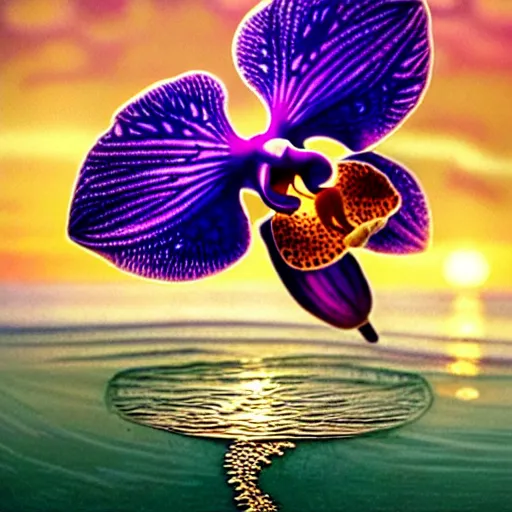 Image similar to detailed intricate orchid flower surrounded by ocean wave, water, ripples, transparent droplets, backlit, sunset, refracted lighting, art by collier, albert aublet, krenz cushart, artem demura, alphonse mucha
