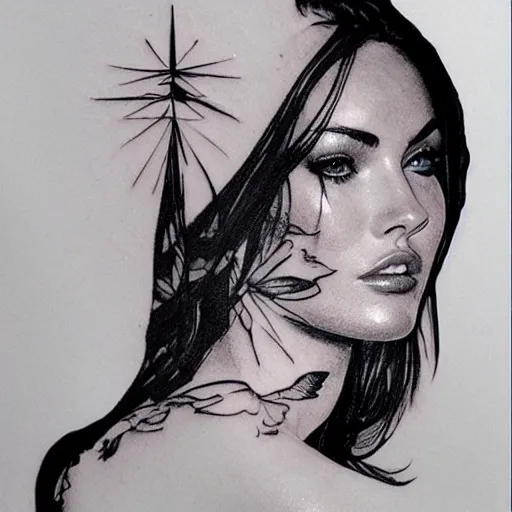 Prompt: double exposure tattoo design sketch of megan fox with beautiful mountain scenery, hyper - realistic, in the style of den yakovelev, amazing detail, sharp