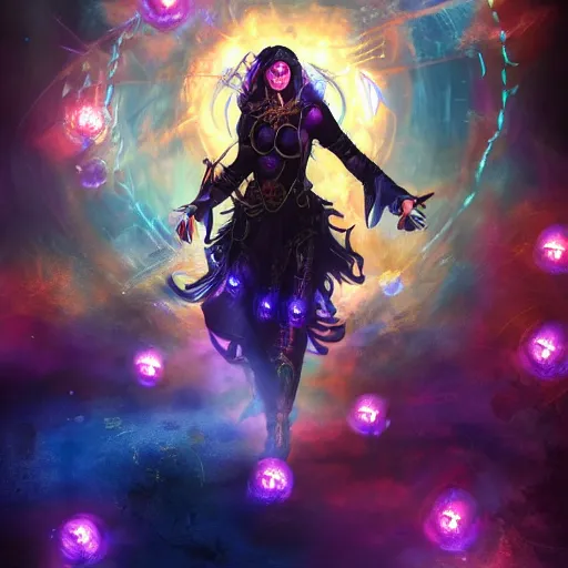 Image similar to Path of Exile, Maven, female image with purple hair among colourful lights, dark blue spheres fly around, Anachronism, painting, dark fantasy, steampunk, 4k,