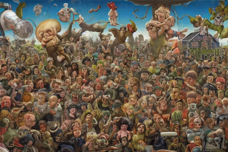 Prompt: a strange battle in an old hospital between old people and babies Robert Williams Mark Ryden and Alex Gross, Todd Schorr highly detailed