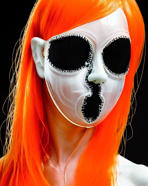 Image similar to symmetrical close - up portrait of a woman wearing a translucent silicone beauty mask and orange hair, wearing a black bodysuit by alexander mcqueen, standing in a garden full of plastic translucent flowers, black background, soft diffused light, biotechnology, humanoide robot, bjork aesthetic, translucent, by rineke dijkstra, intricate details, highly detailed, masterpiece,