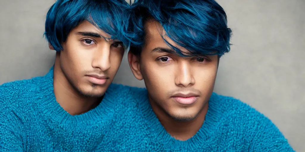 Image similar to Male, Male, Male, Male, Male, short hair, blue hair, dark skin, teal sweater, wavy hair, photograph, hd,