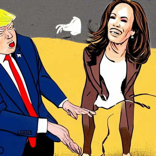 Image similar to an ultra detailed picture portrait of Donald Trump kicking Joe Biden and Kamala Harris out of the white house 8k, photorealistic, Smooth,