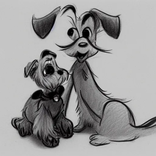 Image similar to milt kahl pencil sketch of happy mini schnauzer cartoon lady and the tramp style