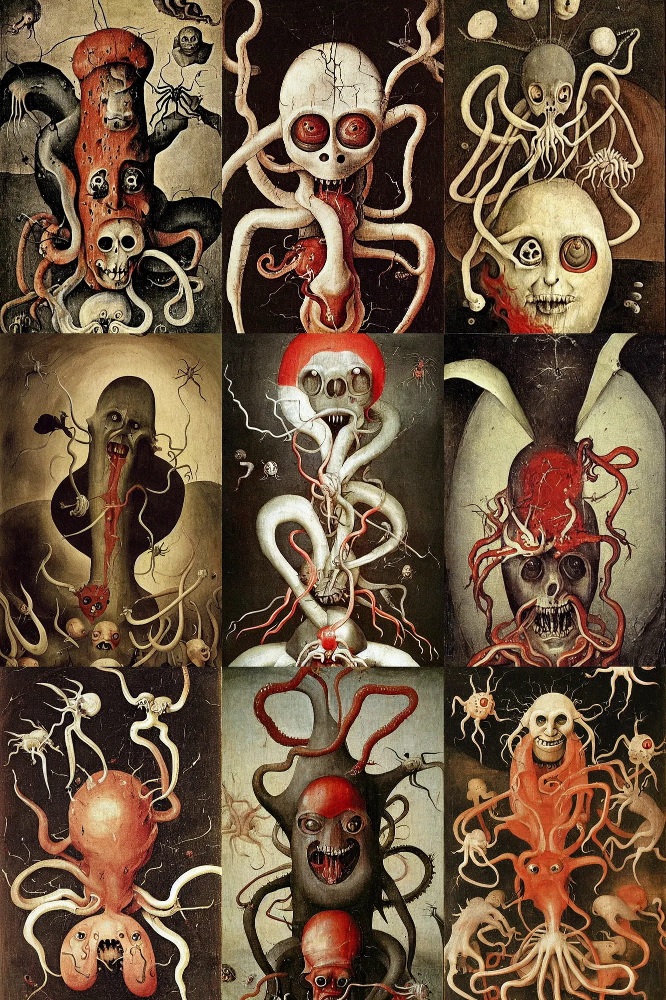 Prompt: painting by hieronymus bosch, a flying human head with blood running down it's face face that is chalk white in color, with long white!! tentacles!! spider coming out of neck, fiery scorching red eyes, flying in a terrying hellish dark cavernous hell