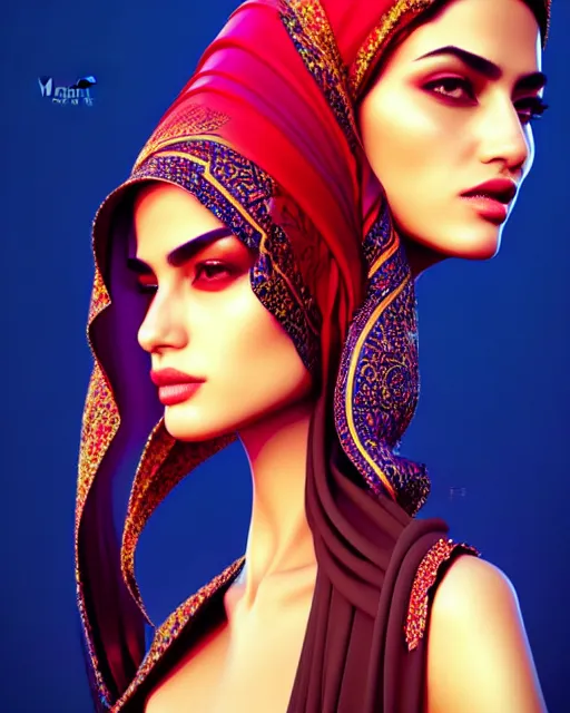 Image similar to richly detailed color illustration of very very beautiful Arab fashion model illustrated by Artgerm and Mina Petrovic and Timothy Kong and Marina Federovna. 3D shadowing