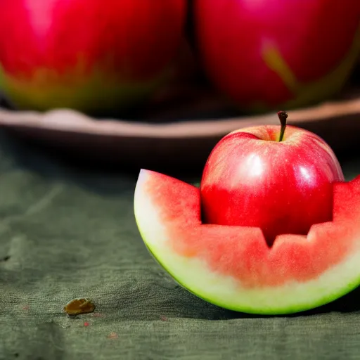 Prompt: an apple sitting on top of a watermelon, 4k, highly detailed,