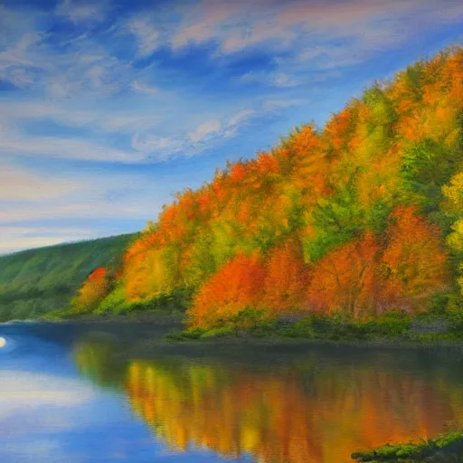 Image similar to hyper realistic landscape painting of sleeping giant park in ontario during fall