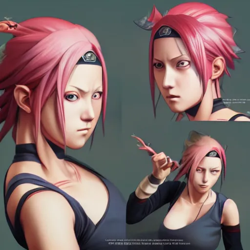 Image similar to sakura haruno, naruto shippuden cg art, realistic, character select portrait, by artgerm, greg rutkowski, alphonse mucha, 3 d