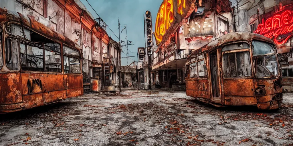 Image similar to low wide angle shot of dilapidated fallout 5 europa, temperate european small town, desolate, dilapidated neon signs, few rusted retro futuristic vintage parked vehicles like cars, buses, trucks, trams, volumetric lighting, photorealistic, daytime, autumn, sunny weather, sharp focus, ultra detailed, 4 0 0 0 k