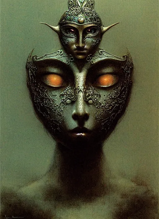 Prompt: girl in detailed ornamental mask by Beksinski and Luis Royo