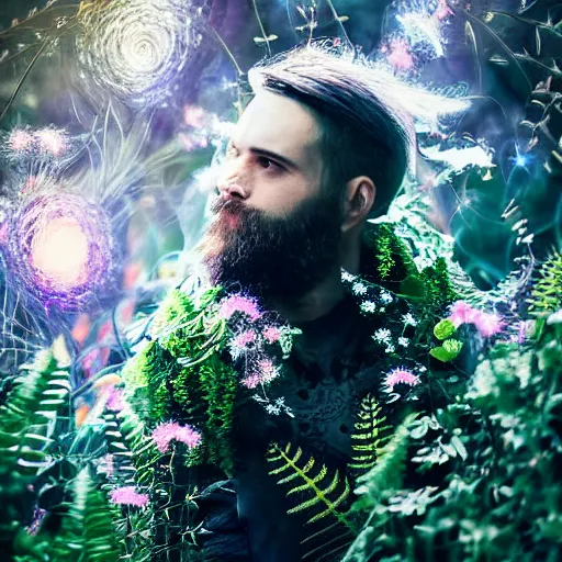Prompt: a male knight with beard, stern face, clear eyes, shining armour made of steel, and fractal hair, fighting the darkness in a fractal garden, glowing delicate flower, berries and ferns that grow in a dark flowering fantasy forest, full frame,