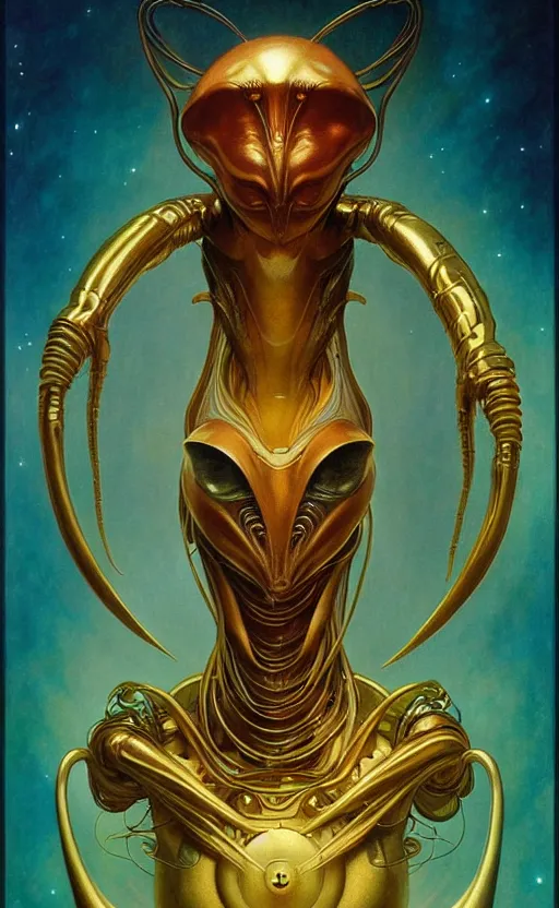 Image similar to exquisite imaginative alien creature poster art, humanoid, gold, movie art, by lucusfilm, weta studio, tom bagshaw, james jean, frank frazetta alphonso mucha, norman rockwell, giu, moebius, 8 k, denoised