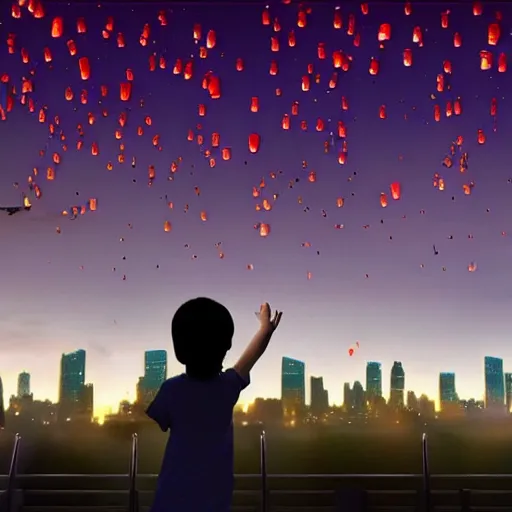 Image similar to a little girl watching hundreds of chinese sky lanterns flying in the night sky over a sci-fi city, Pixar style