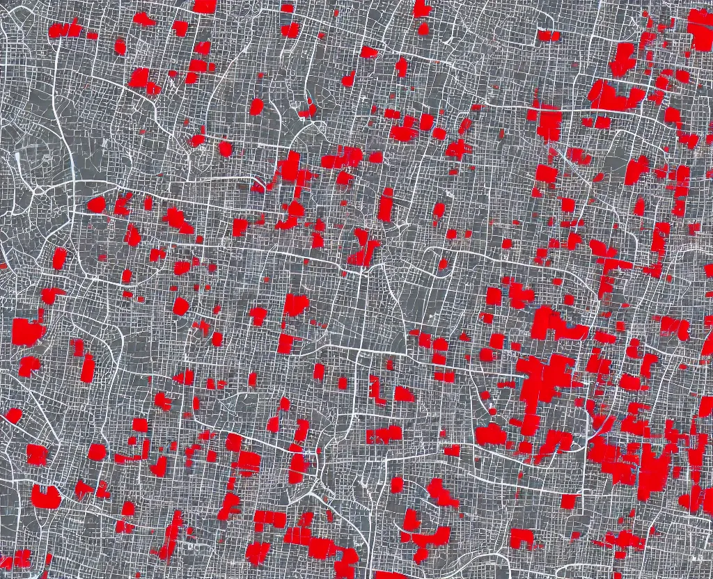 Prompt: multitude of red points on a Vector AntiqueWhite on DarkGrey Streets Satellite Map, vector graphics, 8k