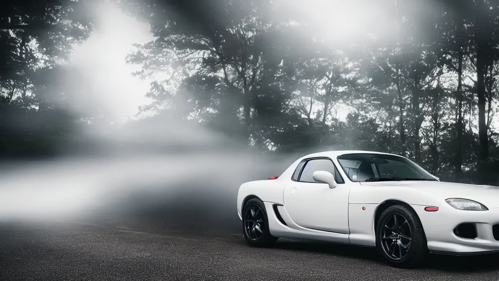 Image similar to a mazda rx - 7 with pop up headlights, cinematic, long exposure, white balance, 8 k, led, lumen global illumination, fog, ray tracing reflections