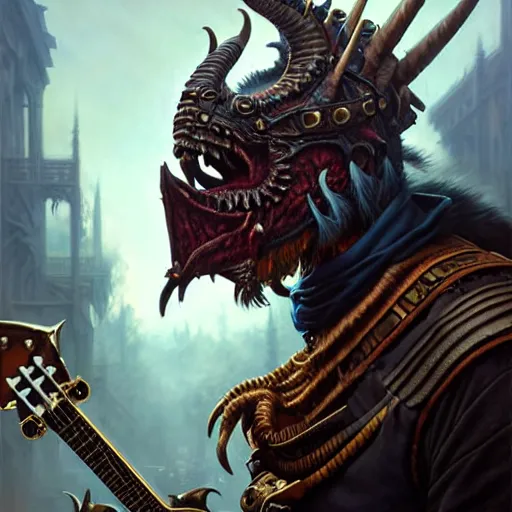 Image similar to portrait painting of a punk dragonborn bard with drumsticks, ultra realistic, concept art, intricate details, eerie, highly detailed, photorealistic, octane render, 8 k, unreal engine. art by artgerm and greg rutkowski and charlie bowater and magali villeneuve and alphonse mucha