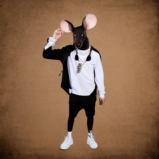 Image similar to mouse dressed as rapper, cinematic realistic photo