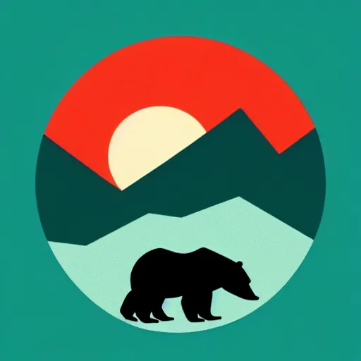 Image similar to very very very stylized minimal vector graphic of bear, hills and sunset!!, white background, all enclosed in a circle, dramatic, professional minimal graphic design cartoon