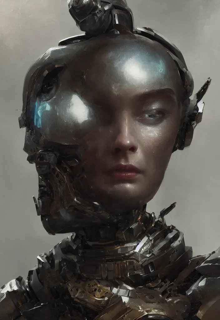 Image similar to a fancy portrait of humanoid robot worrior by greg rutkowski, sung choi, mitchell mohrhauser, maciej kuciara, johnson ting, maxim verehin, peter konig, 8 k photorealistic, cinematic lighting, hd, high details, dramatic, dark atmosphere, trending on artstation