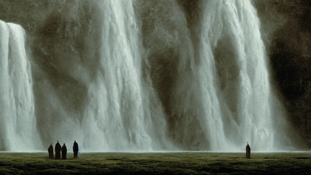 Image similar to ghosts in a waterfall, film still from the movie directed by Denis Villeneuve with art direction by Zdzisław Beksiński, wide lens