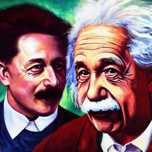 Prompt: Albert Einstein and Elon Musk fistfighting, oil painting