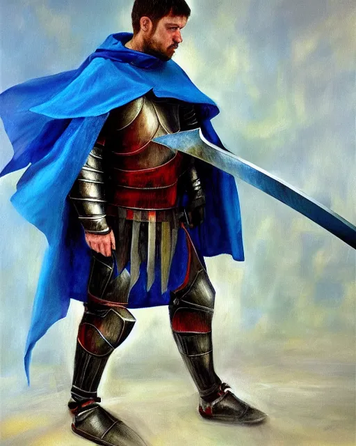 Image similar to a armored knight holding his sword, depression atmosphere, calm face, in blue cape, wild, daniel oxford, oil painting, master piece