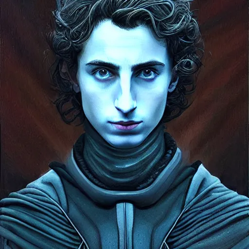 Prompt: realistic paul atreides emperor of the known universe, perfect dramatic and dark portrait by rabbitary b, trending on artstation, deviantart, dune, low angle oil painting and composition laws, dark foggy background, timothee chalamet but he is older, man with thin lines on the face, medium - long curly brown hair, completely blue eyes, denis villeneuve cinematography