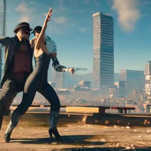 Prompt: Dancing mennonite. Cyberpunk 2077. CP2077. 3840 x 2160