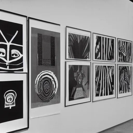 Image similar to A black and white photography printed in offset lithography of an exhibition space with works of Sun Ra, Marcel Duchamp and tropical plants, 60s, Modern Art