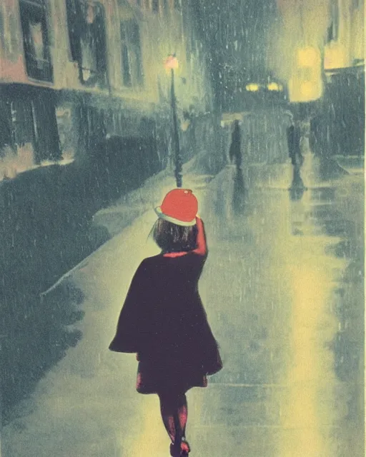 Prompt: an instant photo of a girl meeting the devil in the rain at night, 1 9 7 0 s, seventies, wallpaper, delicate embellishments, painterly, offset printing technique, by brom, robert henri, walter popp