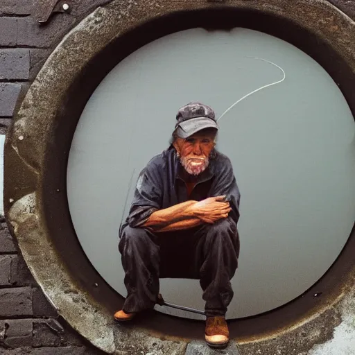 Image similar to closeup portrait of a fisherman fishing next to a manhole in a smoky new york street, by Annie Leibovitz and Steve McCurry, natural light, detailed face, CANON Eos C300, ƒ1.8, 35mm, 8K, medium-format print