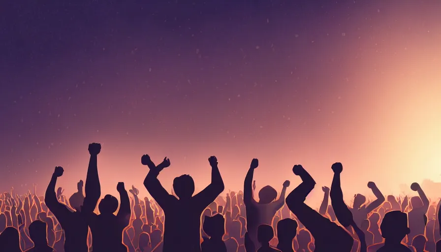 Image similar to digital art of a panicked crowd pointing!! towards a glowing sky, raising their arms, volumetric lighting, nasty, hyperdetailed, realistic