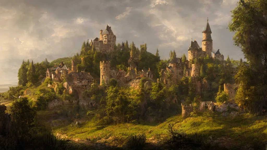 Image similar to castle sitting by the seaside with rolling hills and a small village by eugene von guerard, ivan shishkin, dramatic lighting, concept art, trending on artstation, 8 k