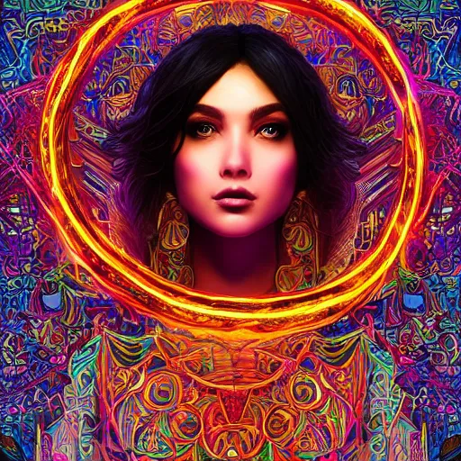 Image similar to the face of a ridiculously beautiful and pretty arab woman partially made of onion rings of all colors looking down, an ultrafine detailed illustration by james jean, final fantasy, intricate linework, bright colors, behance contest winner, vanitas, angular, altermodern, unreal engine 5 highly rendered, global illumination, radiant light, detailed and intricate environment