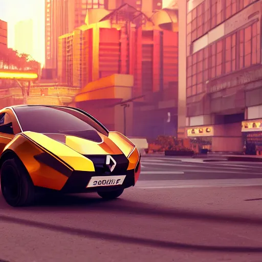 Image similar to octane render of new cyberpunk flying hover version of Renault sandero from 2077 in the city of future by syd mead