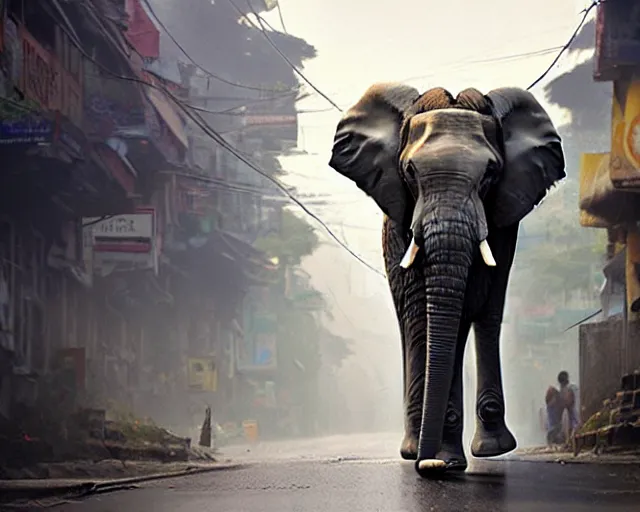 Prompt: An elephant walking down a street in Guwahati city. By Greg Rutkowski, trending on ArtStattion