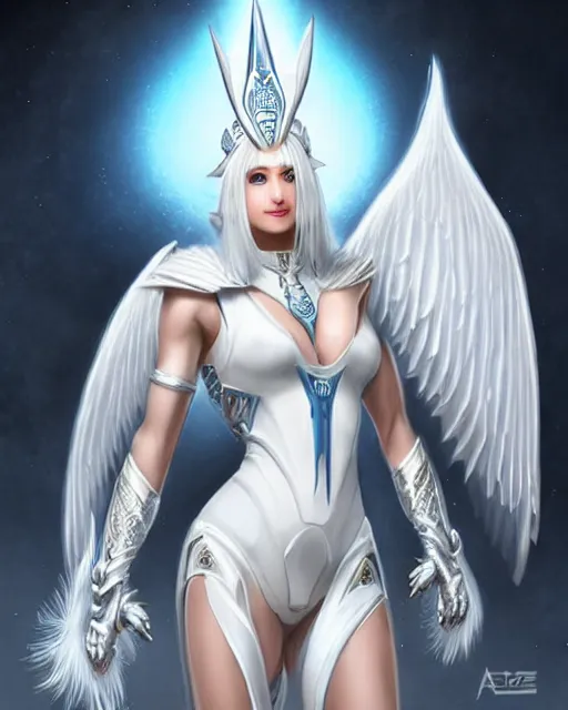 Image similar to perfect white haired egyptian goddess wearing white dove wings, warframe armor, regal, attractive, ornate, sultry, beautiful, dreamy, half asian, pretty face, blue eyes, detailed, scifi platform, 4 k, ultra realistic, epic lighting, android body, illuminated, cinematic, masterpiece, art by akihito tsukushi, voidstar, artgerm