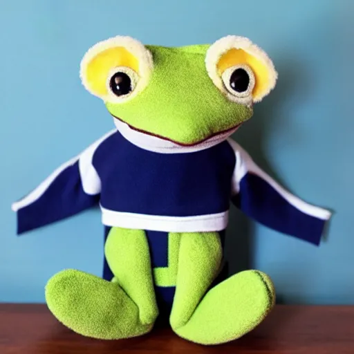 Prompt: stuffed animal frog wearing a sailor suit, cute, photography,