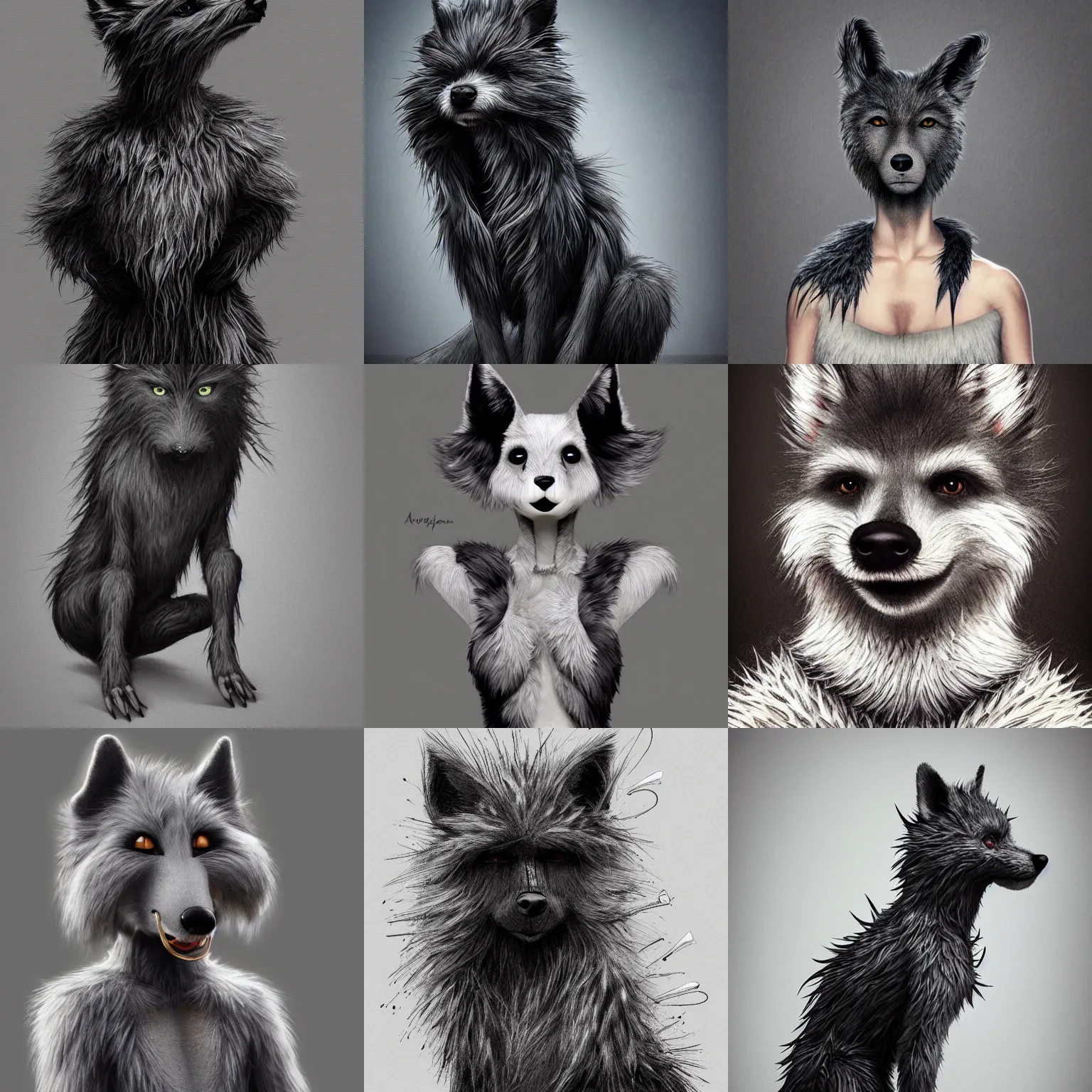 Prompt: a photograpic full body portrait of a anthropomorphic grey furry dog wearing casual black clothes, black spikey hair, grey skin, floppy ears, furry character, fursona, fantasy, intricate, elegant, highly detailed, digital painting, artstation, smooth, sharp focus, illustration, art by artgerm and H R Giger and alphonse mucha