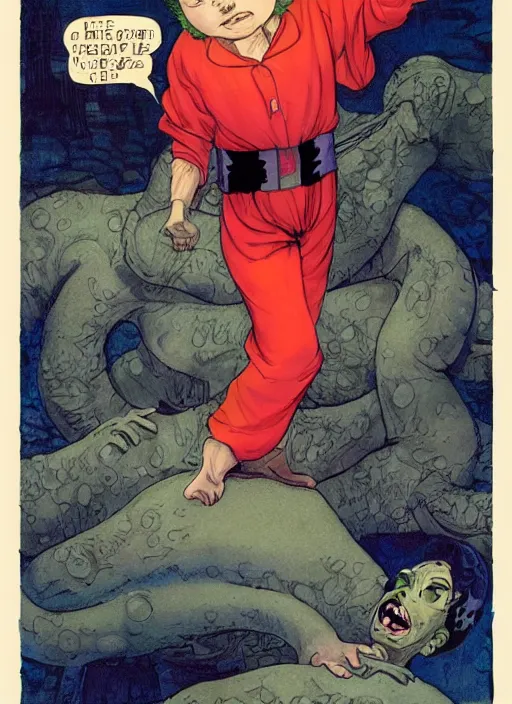 Image similar to adult little nemo in pajamas with dead eyes and coloured energy coming from the hands, fluid, smooth, dark, organic, crazy, high contrast, sharpness, dramatic, by greg rutkowski and siudmak and richard corben and moebius