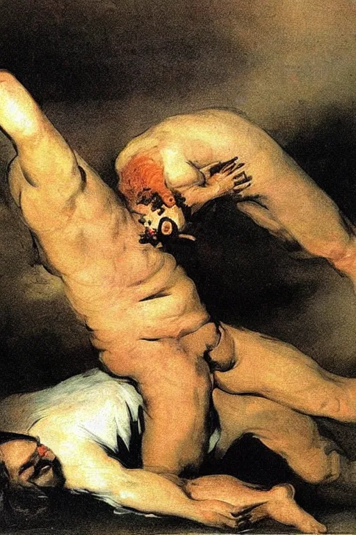 Prompt: Saturn's Son devouring Him, painting by Spanish artist Francisco Goya