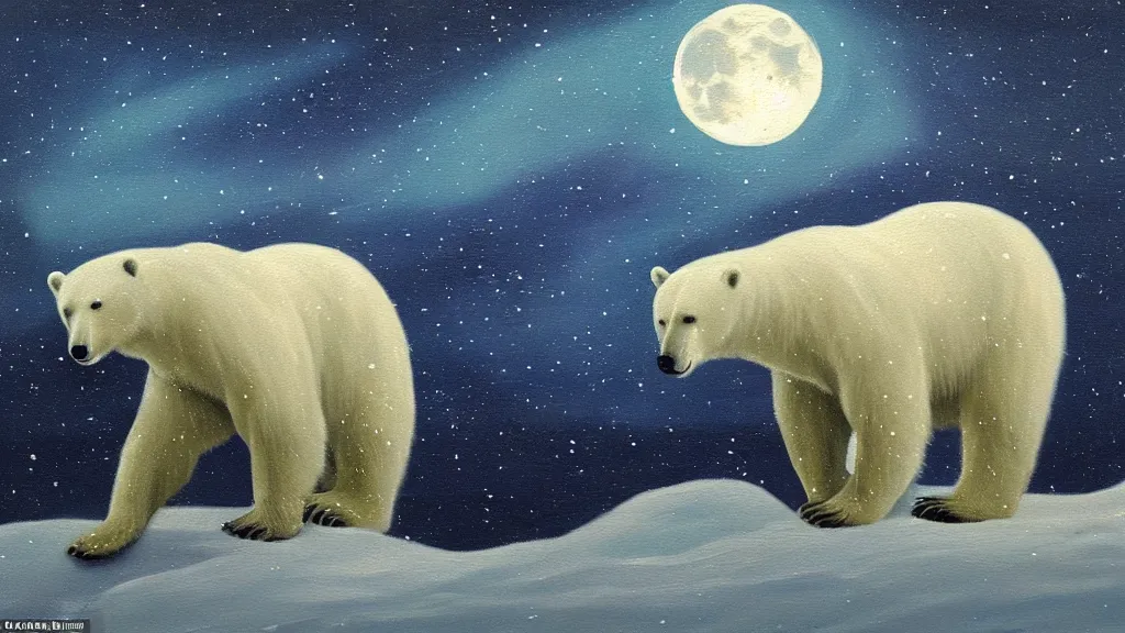 Image similar to an oil painting of a close - up polar bear traversing a snowy landscape at night, the northern lights and the moon are visible