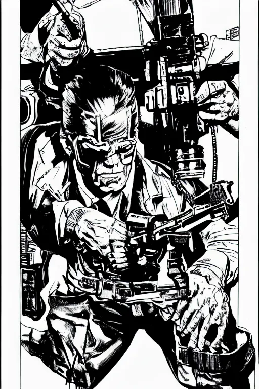 Image similar to ronald reagan holding a gun, a page from cyberpunk 2 0 2 0, style of paolo parente, style of mike jackson, adam smasher, johnny silverhand, 1 9 9 0 s comic book style, white background, ink drawing, black and white, colouring pages