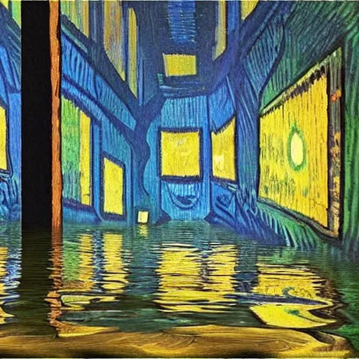 Prompt: oil painting of a flooded ship interior, light scatter, van gogh