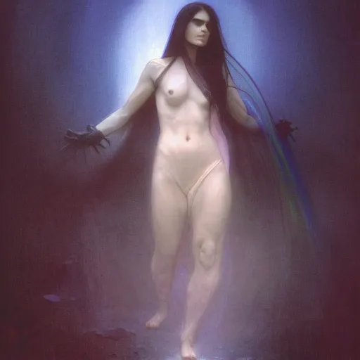 Image similar to concept art painting of attractive figure the called the ghost of the moonbow queen, black cloak, a rainbow in the dark, rainbow, by Michael Whelan, William Adolphe Bouguereau, John Williams Waterhouse, and Donato Giancola, cyberpunk, extremely moody lighting, glowing light and shadow, atmospheric, shadowy, cinematic, 8K