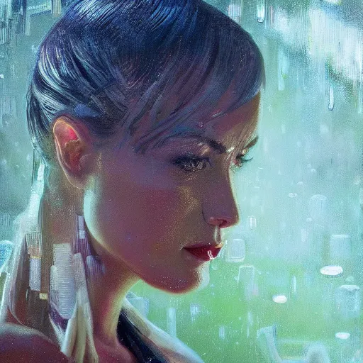 Image similar to detailed face of a woman, lush, opulent, fauna, utopian, tech noir, wet reflections, prism, atmospheric, ambient, pj crook, syd mead, livia prima, artgerm, greg rutkowski, nick alm, casey baugh