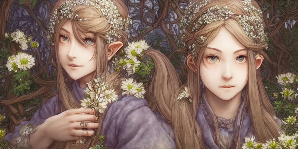 Prompt: happy elven flower seller in the city, fhdasije, thin silver glasses, intricate braided hair, plump body, manga panel by kosuke kurose, soft lighting, highly detailed face, cozy atmosphere, sharp focus, artstation, secret of mana, sophie anderson, arnold armitage, loish